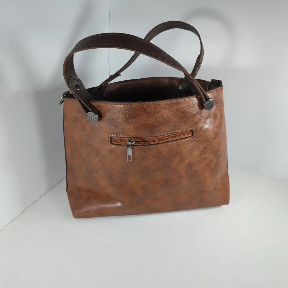 Brown Soft Vegan Leather Satchel Handbag Multi-Pocket Organizer Purse NEW